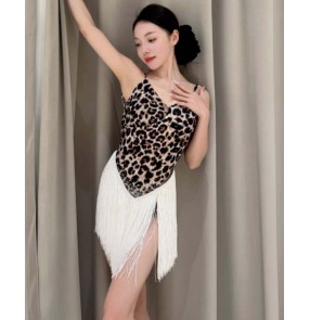 Women leopard fringe latin dance dresses black white tassels salsa rumba chacha ball party performance costumes